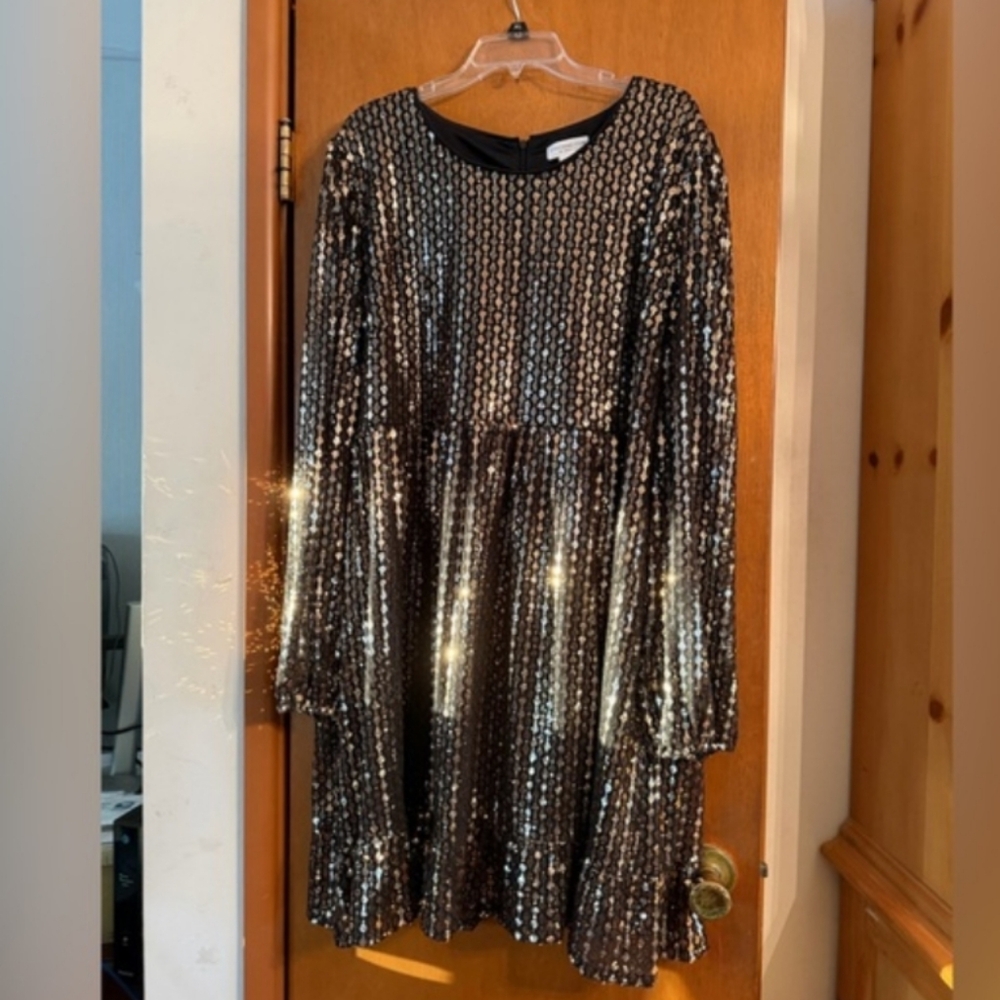 Y2K, 3XL Black Bronze Sequin Babydoll Dress | Long Sleeve Plus Size Party - Picture 3 of 7
